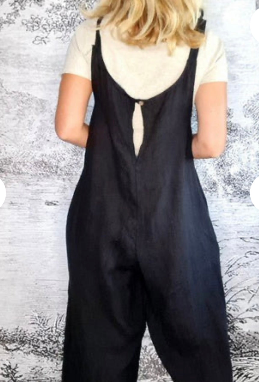 Jumpsuit Italian Linen Black With Pockets