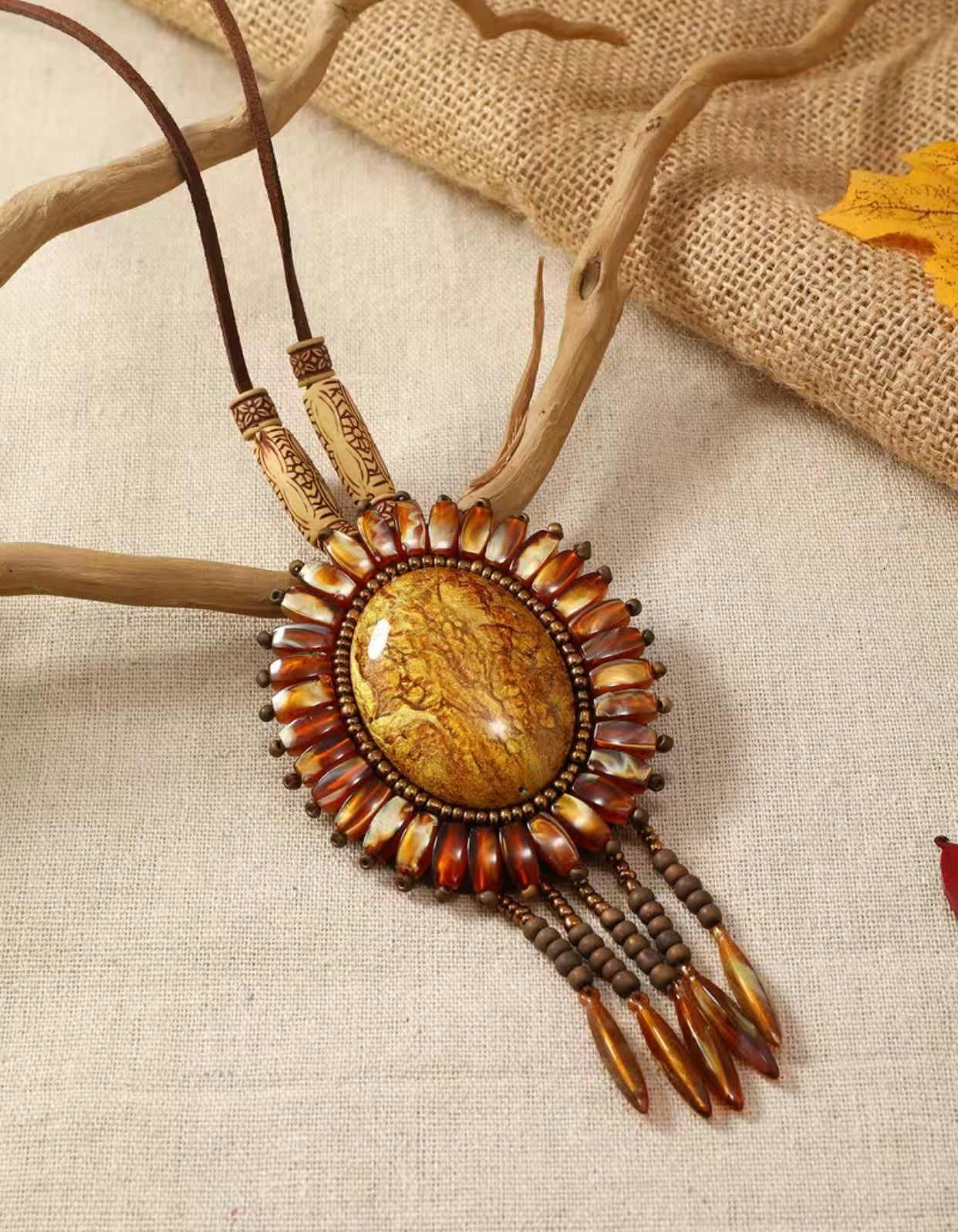 Boho Ethnic Wood Bead Necklace Sunflower
