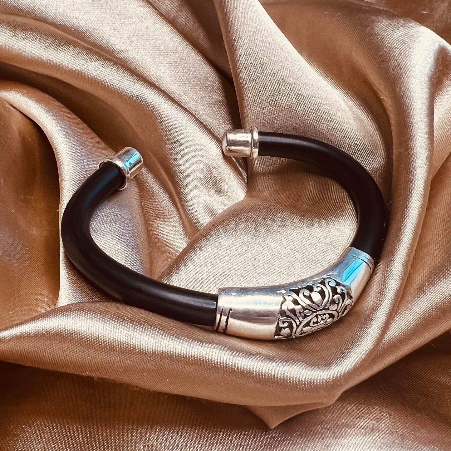 Ethnic Sterling Silver and Black Rubber Bracelet