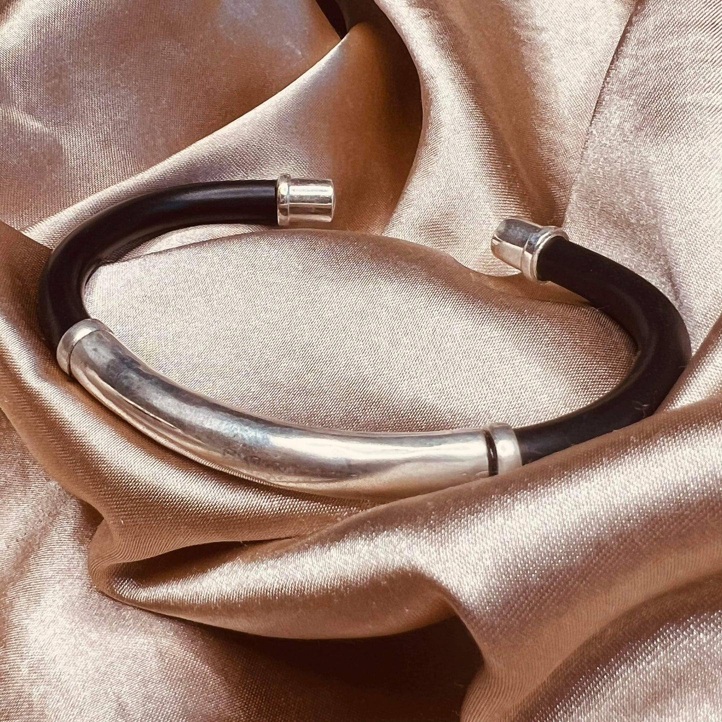 Plan Sterling Silver and Black Rubber Bracelet