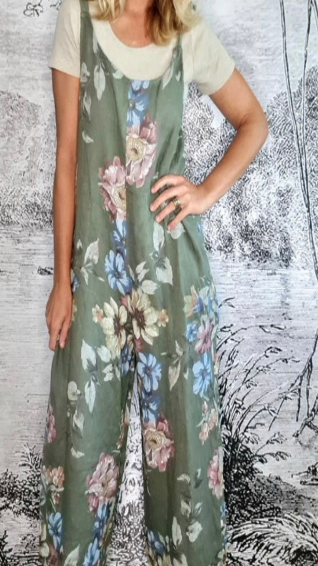 Italian Linen Jumpsuit Meadow in Forest