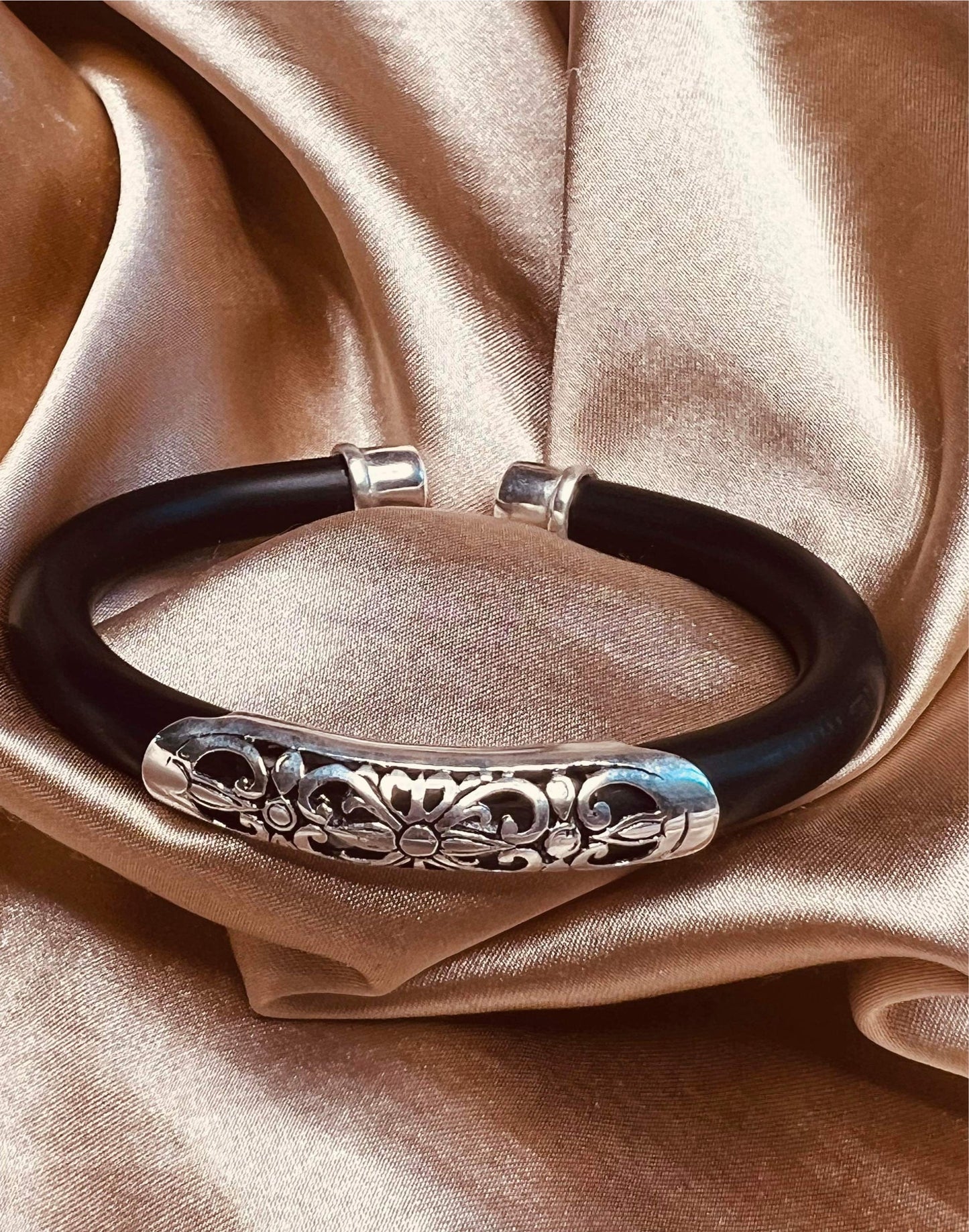 Flower Sterling Silver and Black Rubber Bracelet