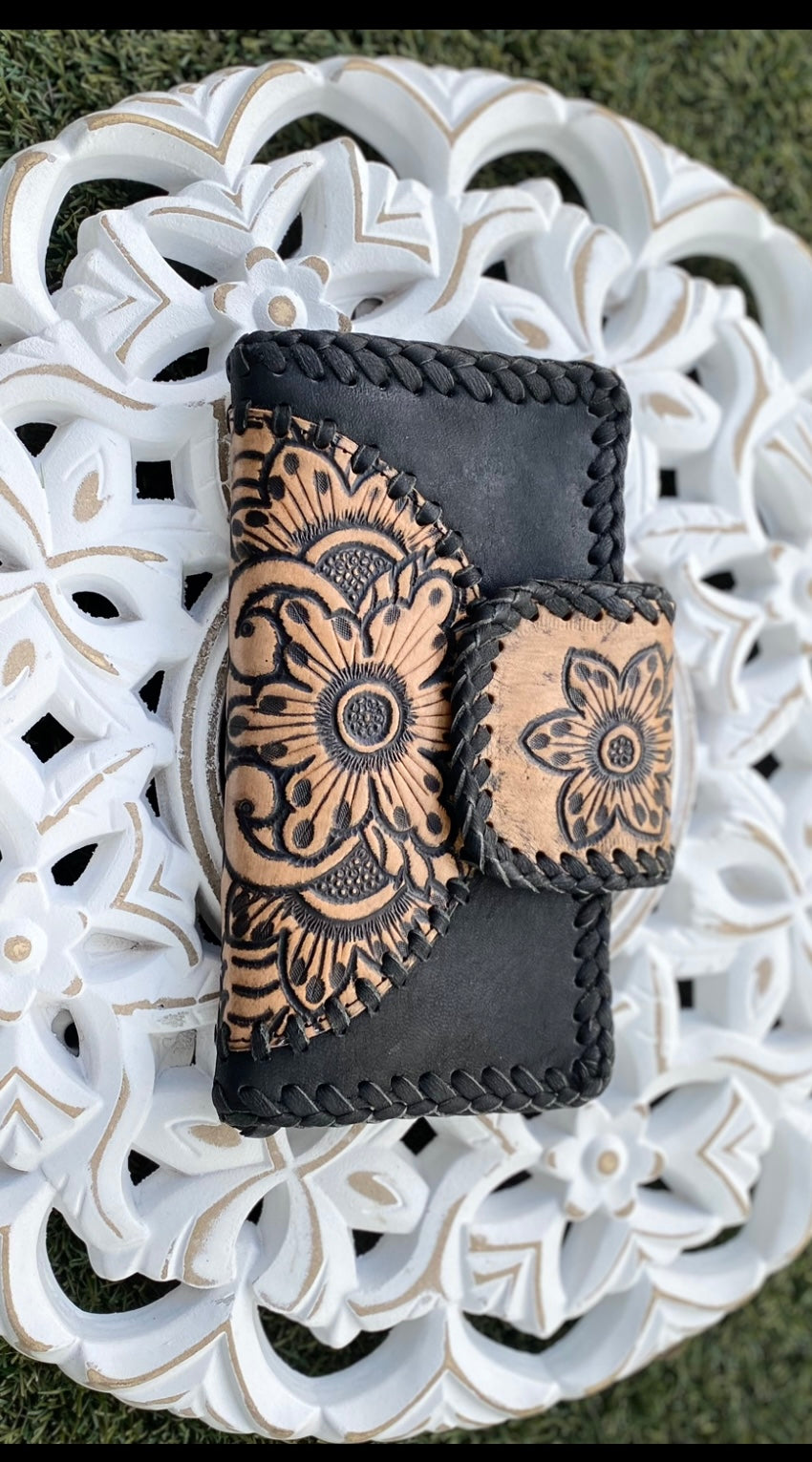 Flower Leather Wallet Vintage Black