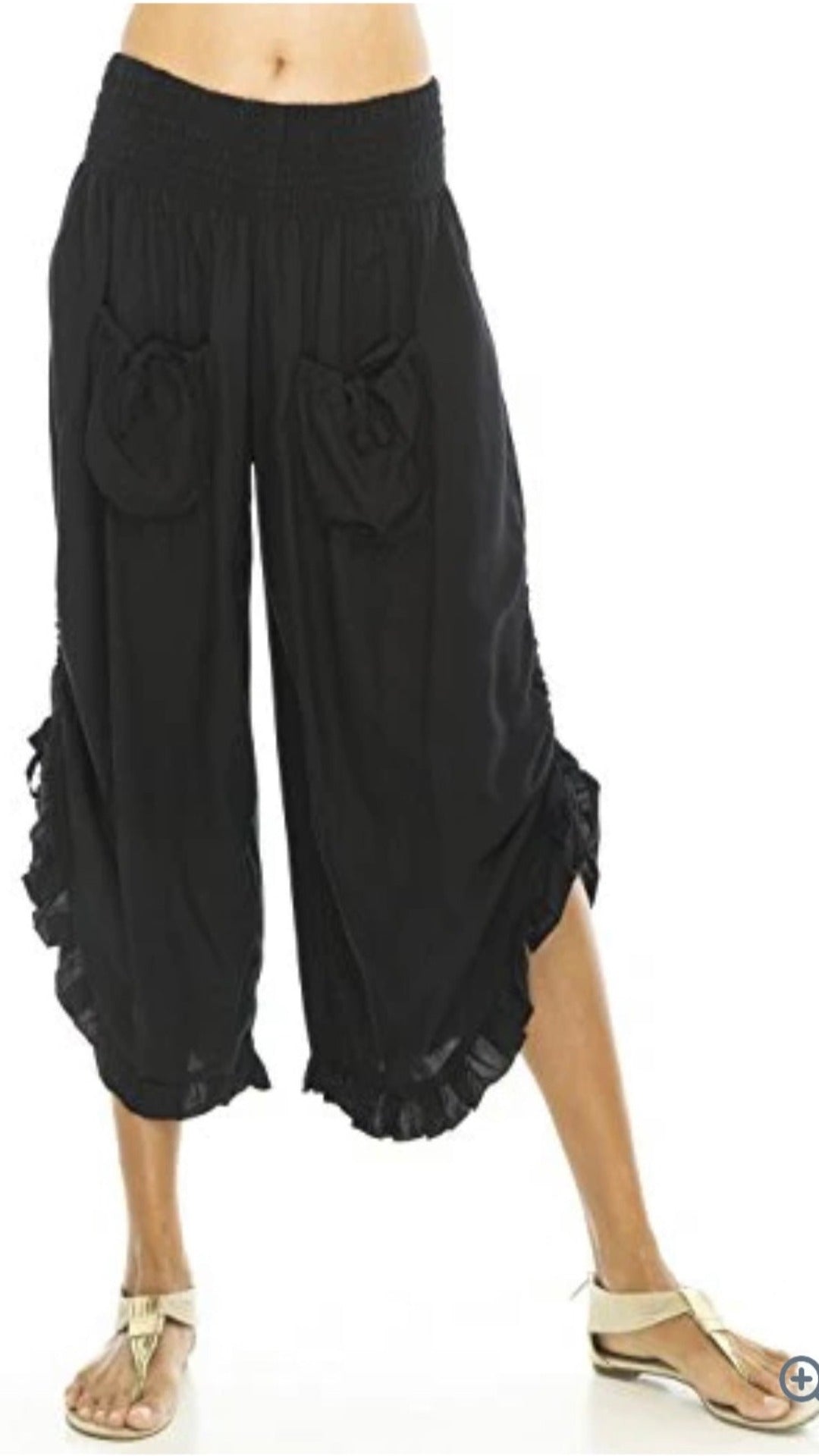 Ruffle Hem Cropped Pants Black