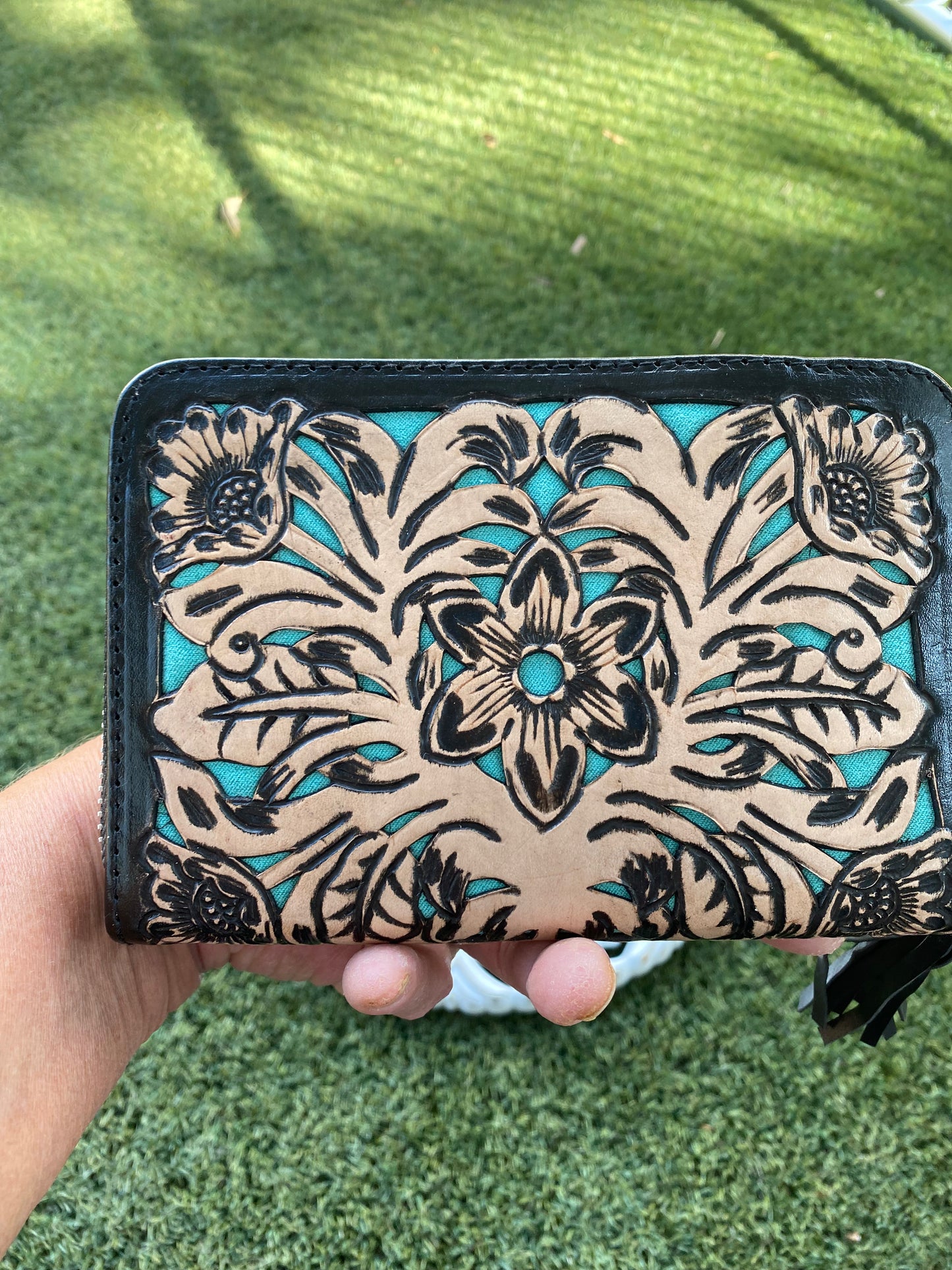 Boho Leather Purse Turquoise Inlay