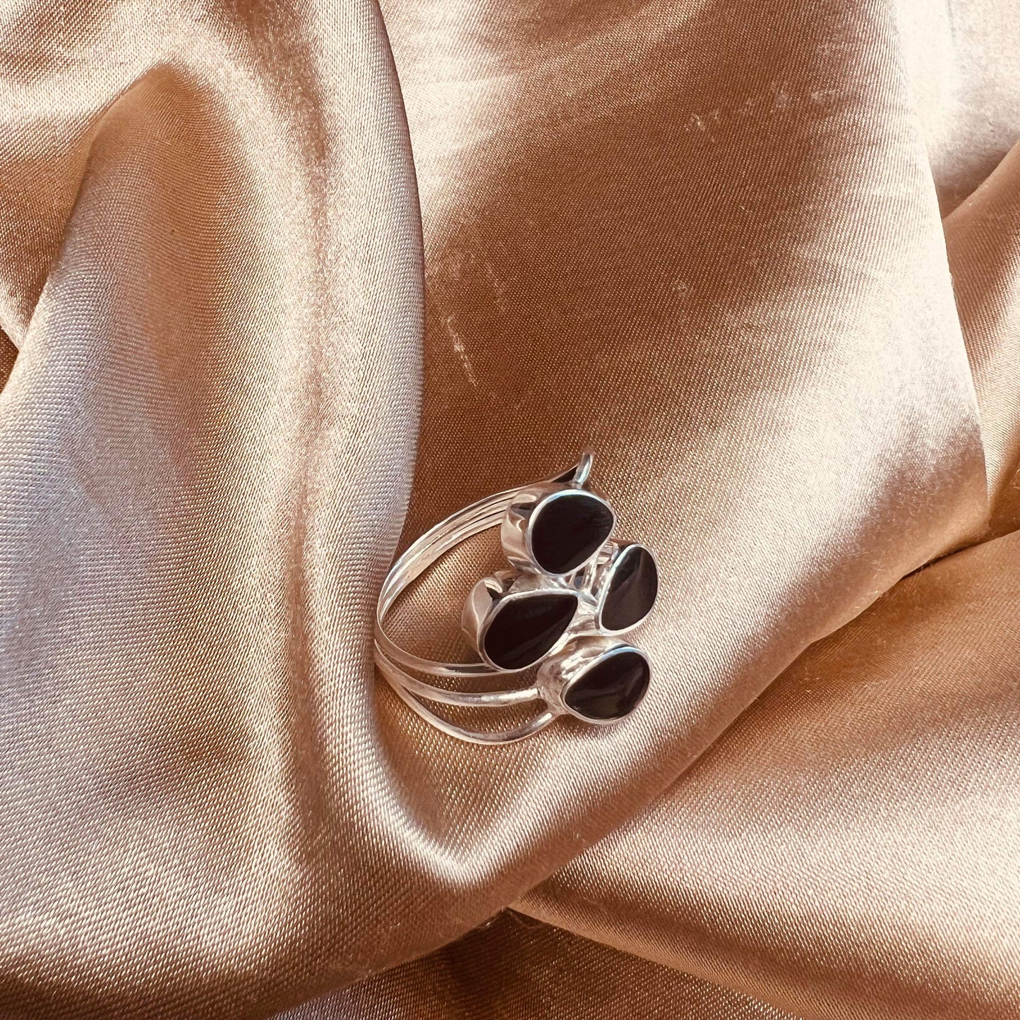 Adjustable Cluster Ring Sterling Silver Black Onyx
