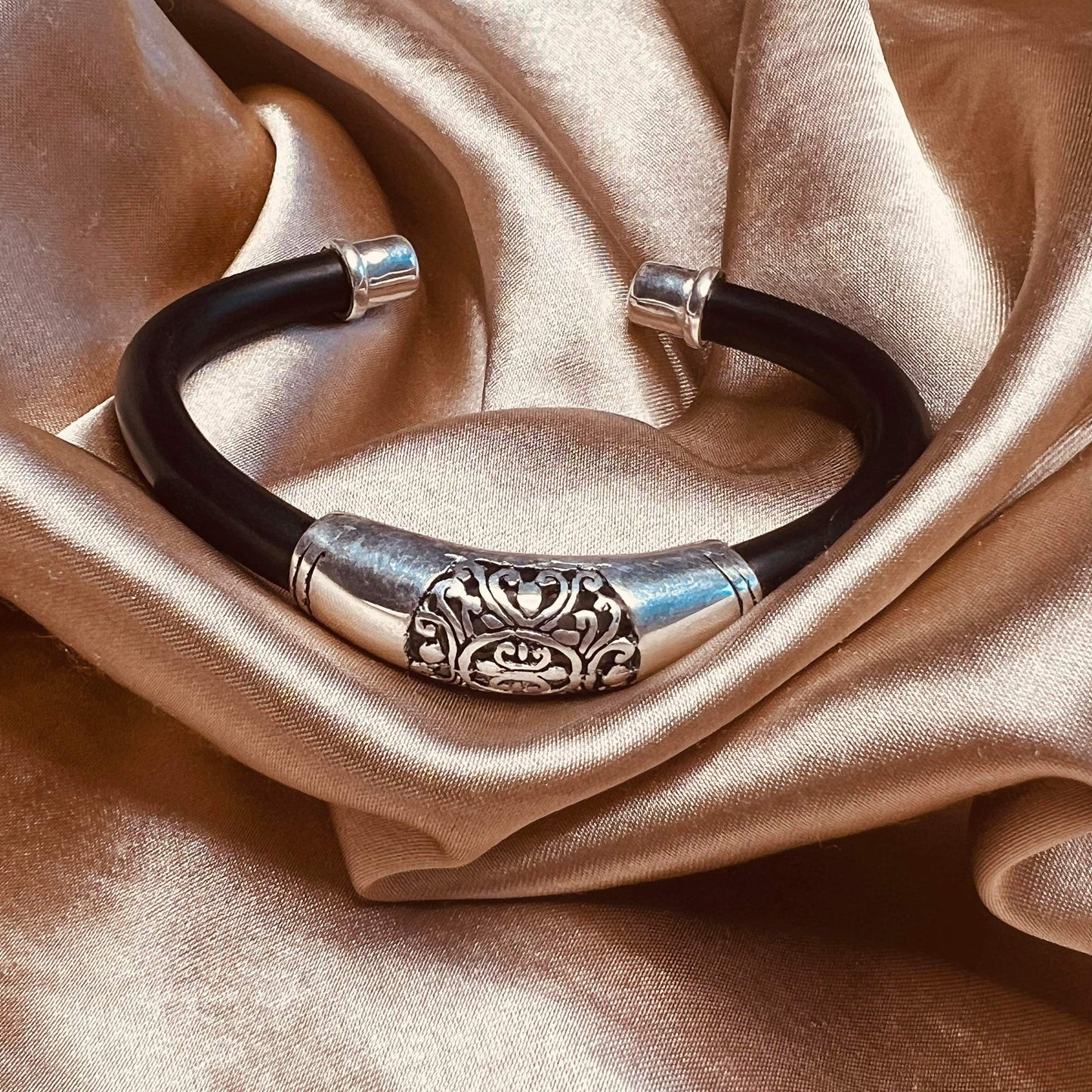 Ethnic Sterling Silver and Black Rubber Bracelet