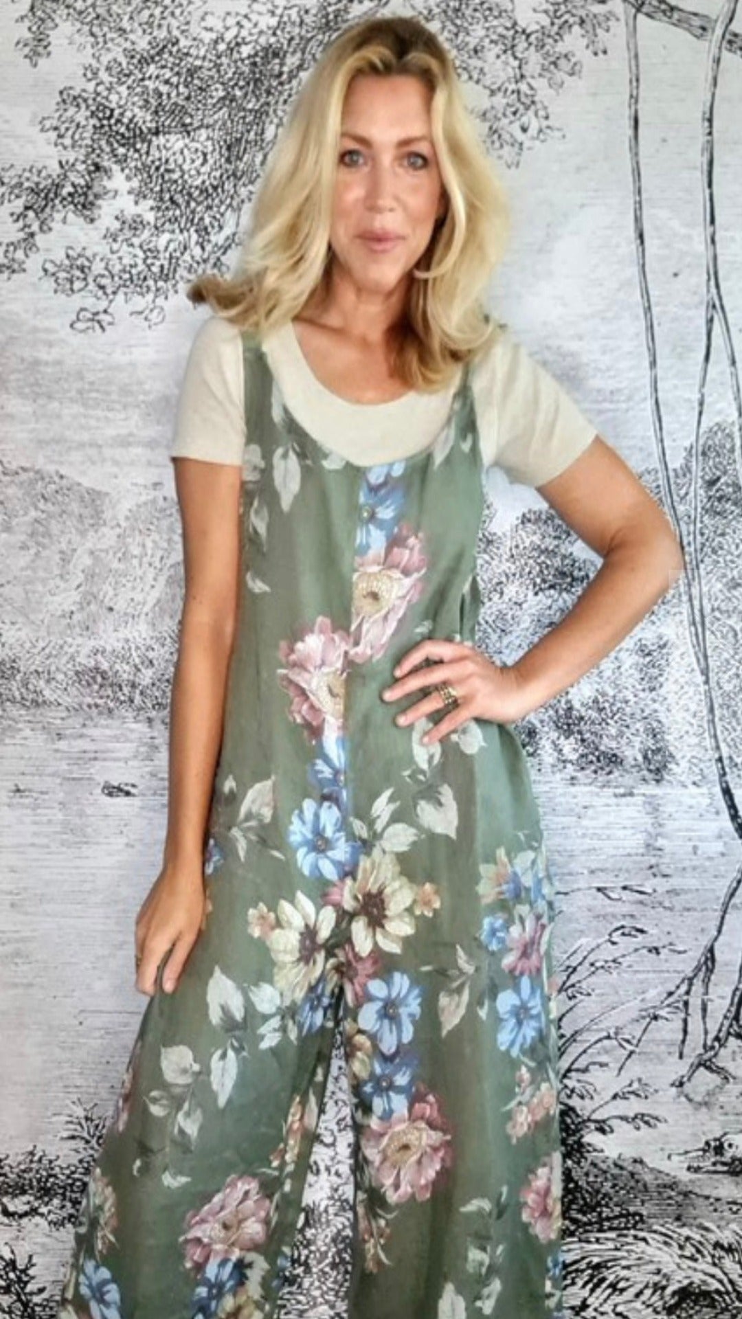 Italian Linen Jumpsuit Meadow in Forest