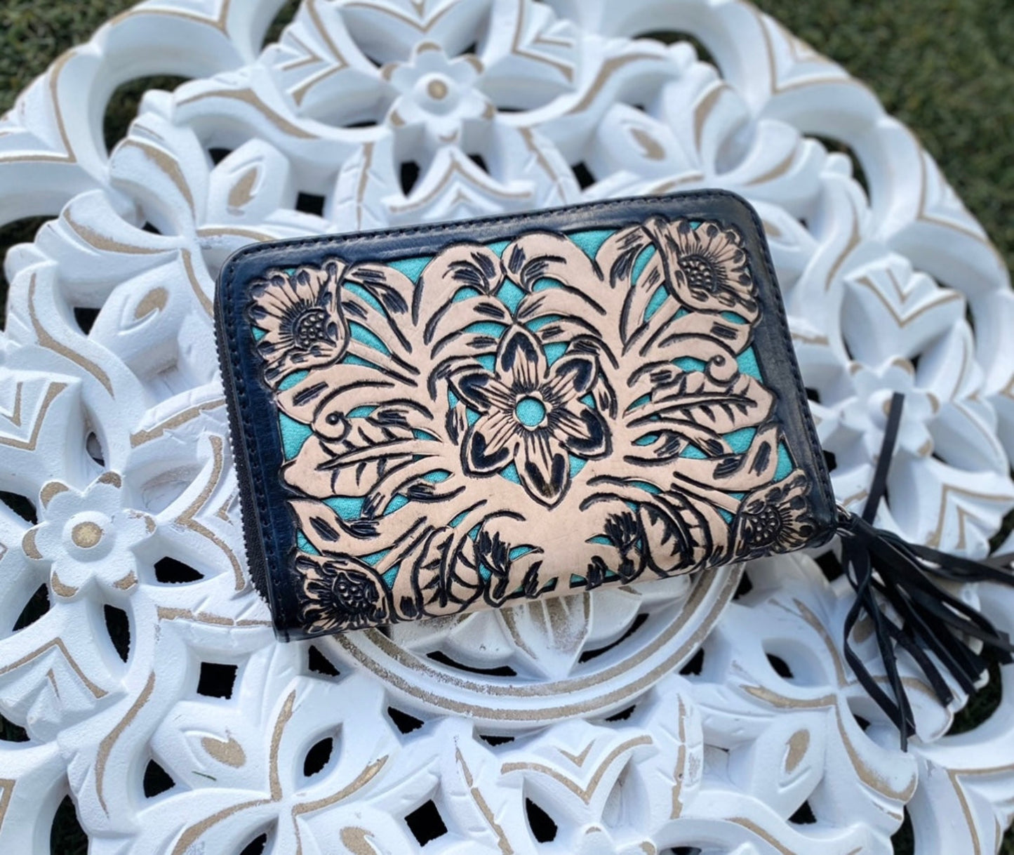 Boho Leather Purse Turquoise Inlay