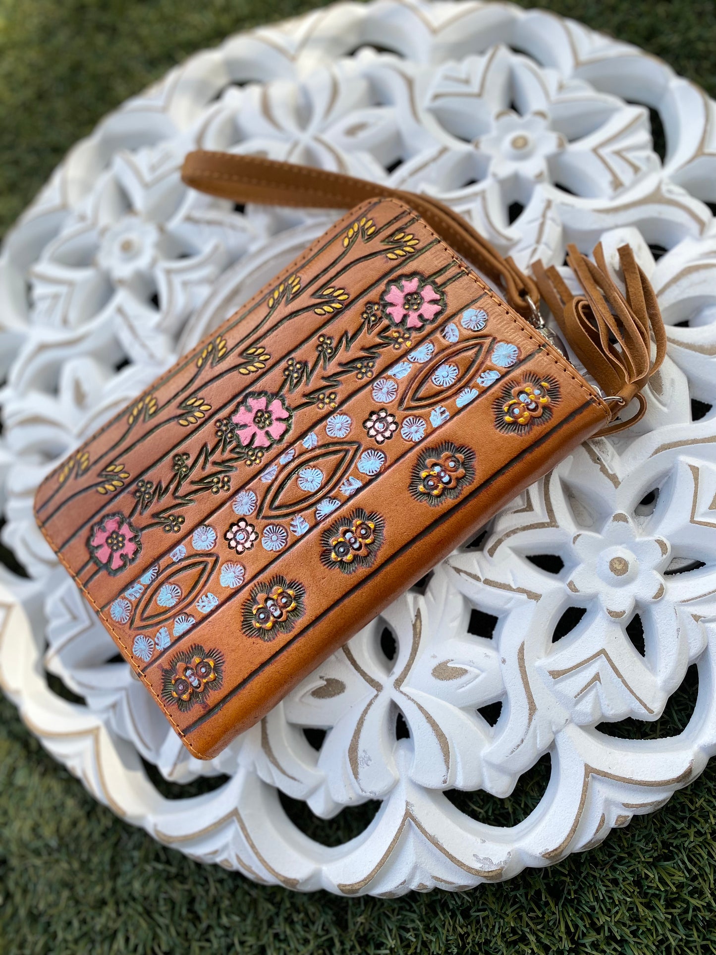 Springtime Leather Purse-Wallet Hand painted