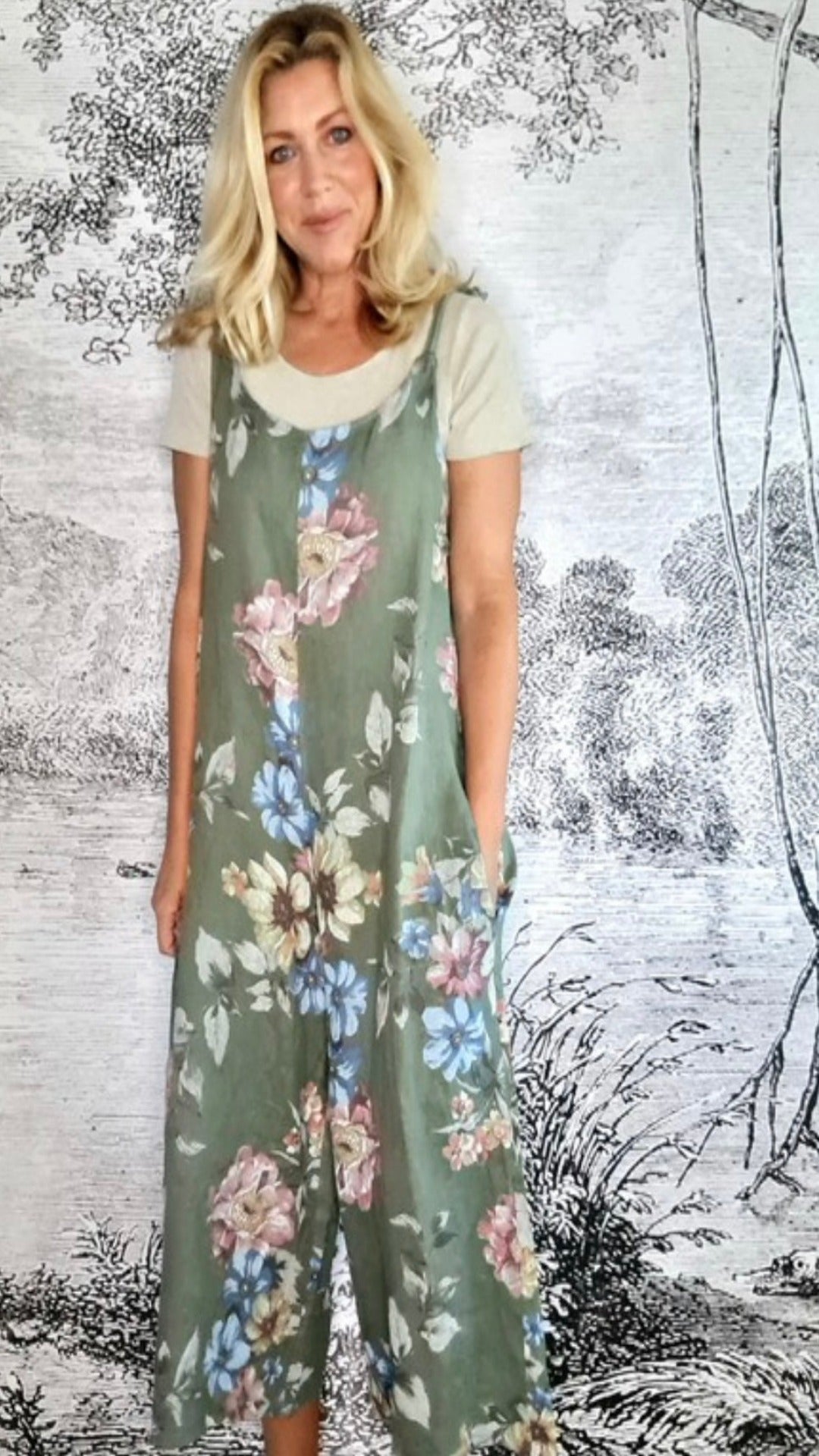 Italian Linen Jumpsuit Meadow in Forest