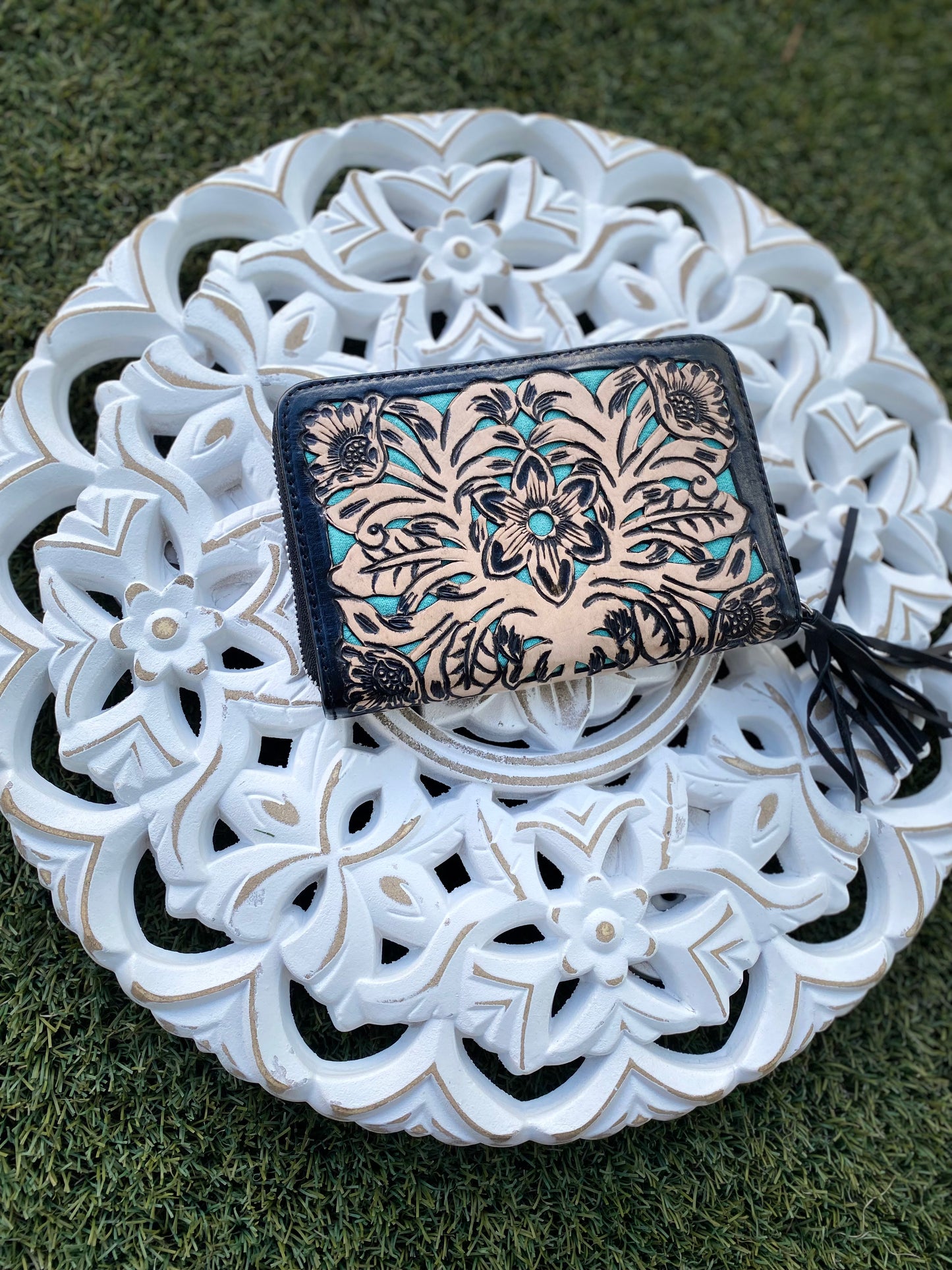 Boho Leather Purse Turquoise Inlay