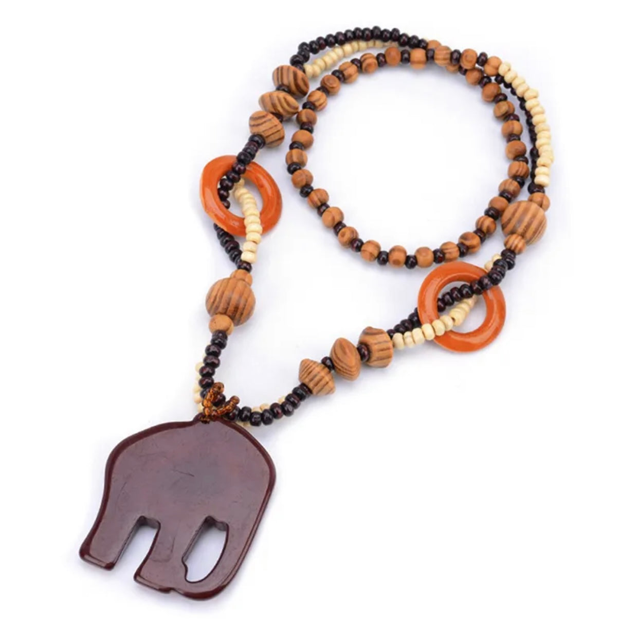 Boho Ethnic Necklace Wood Bead Elephant