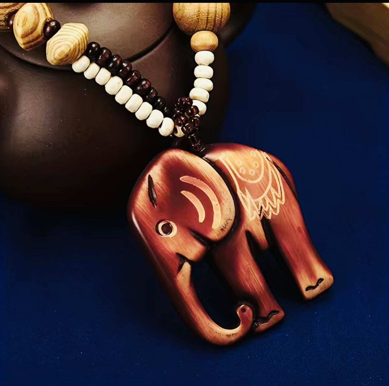 Boho Ethnic Necklace Wood Bead Elephant