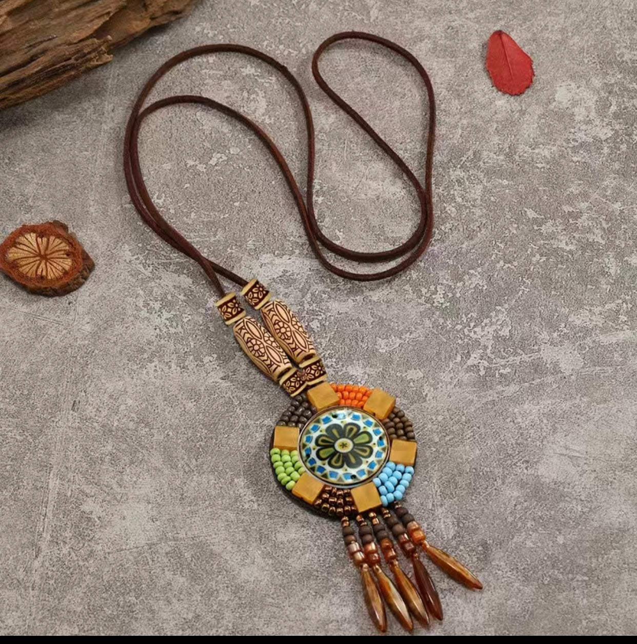 Boho Ethnic Necklace Wood Beads Dreamcatcher Flower