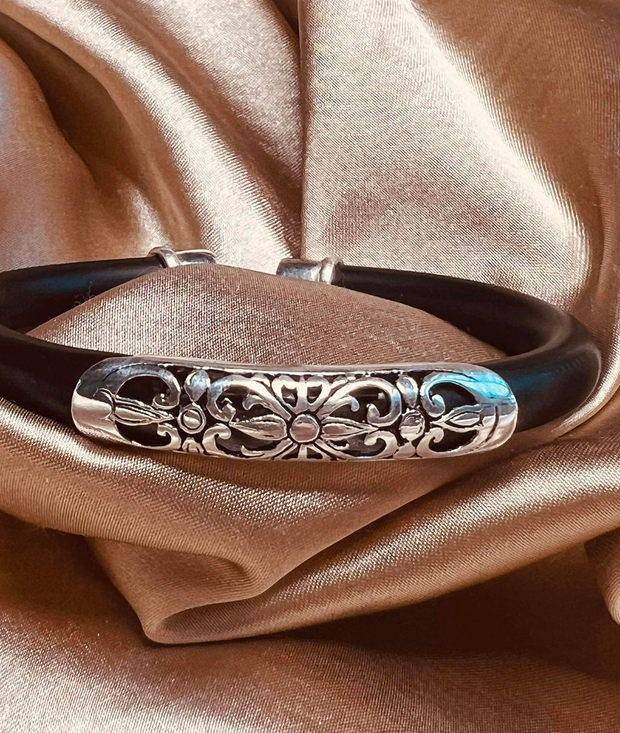 Flower Sterling Silver and Black Rubber Bracelet