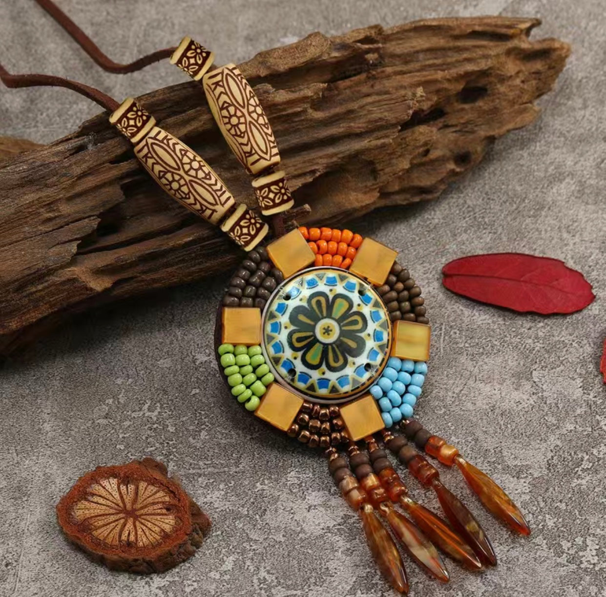 Boho Ethnic Necklace Wood Beads Dreamcatcher Flower