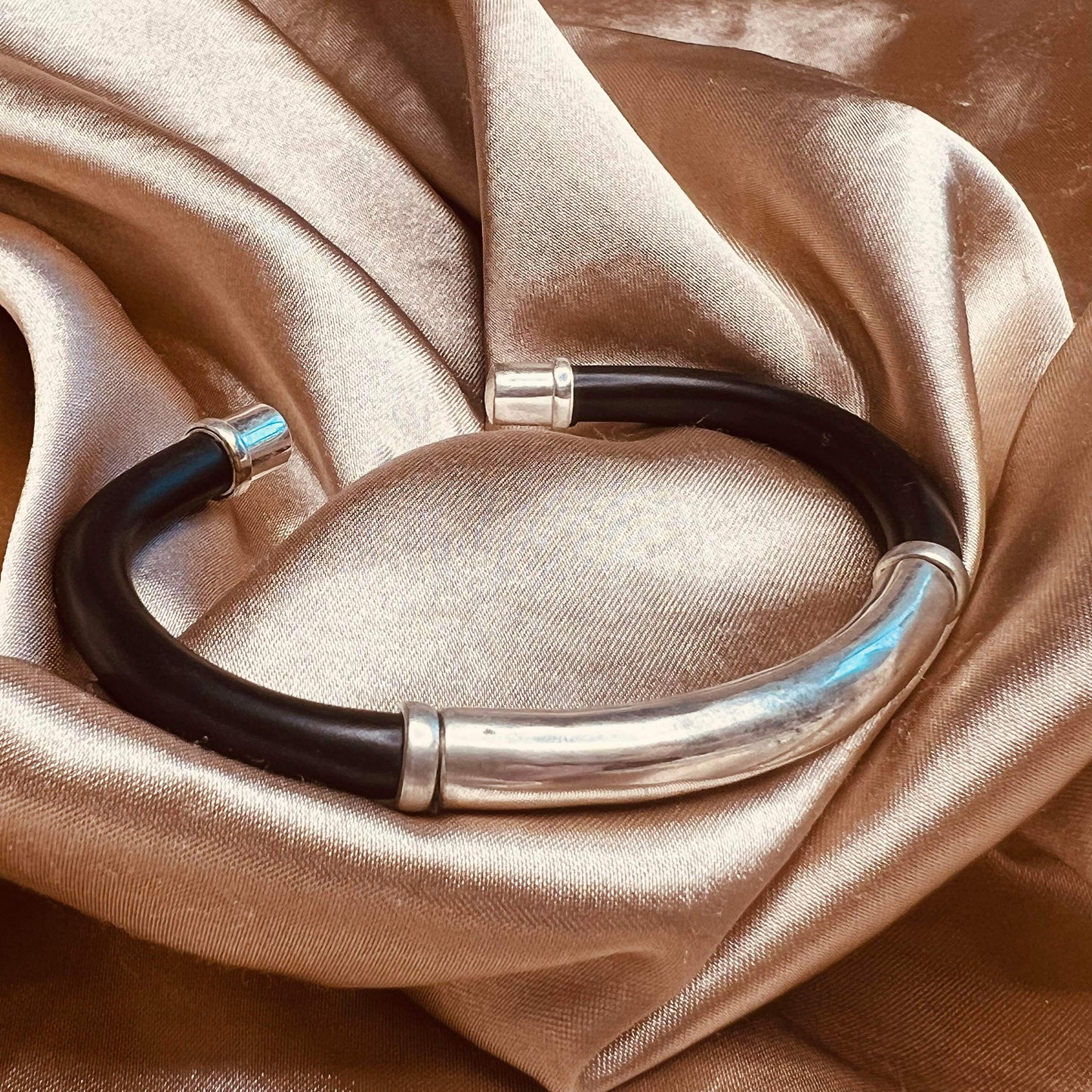 Plan Sterling Silver and Black Rubber Bracelet
