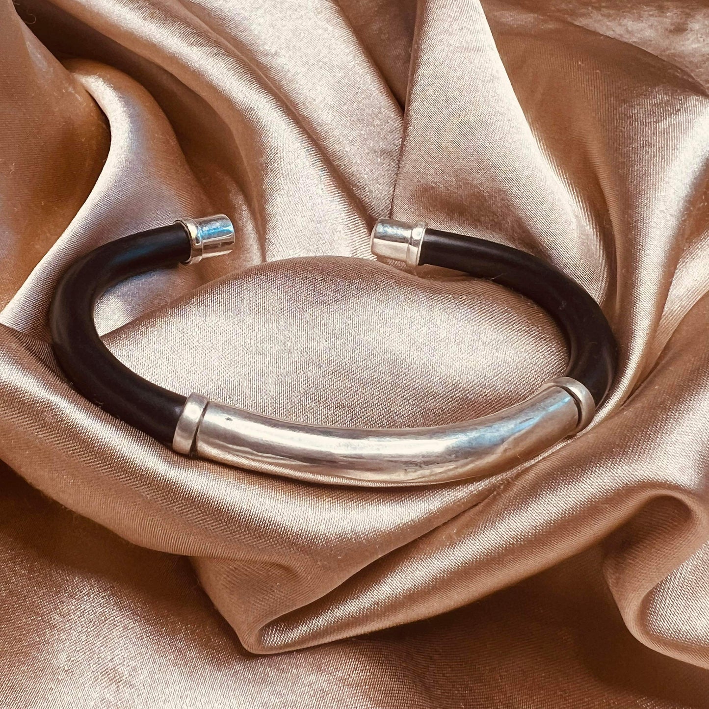 Plan Sterling Silver and Black Rubber Bracelet
