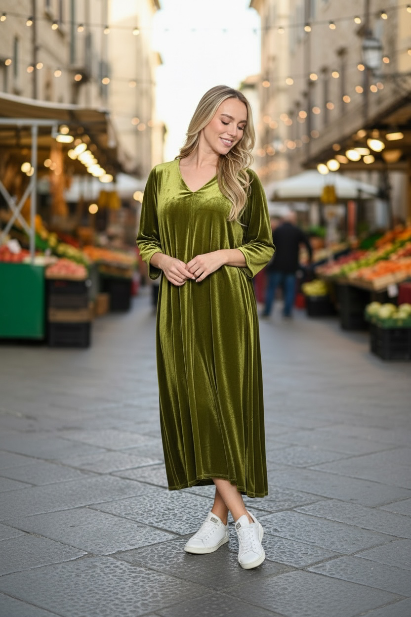 Velvet Maxi Dress OliveGreen Made In Italy