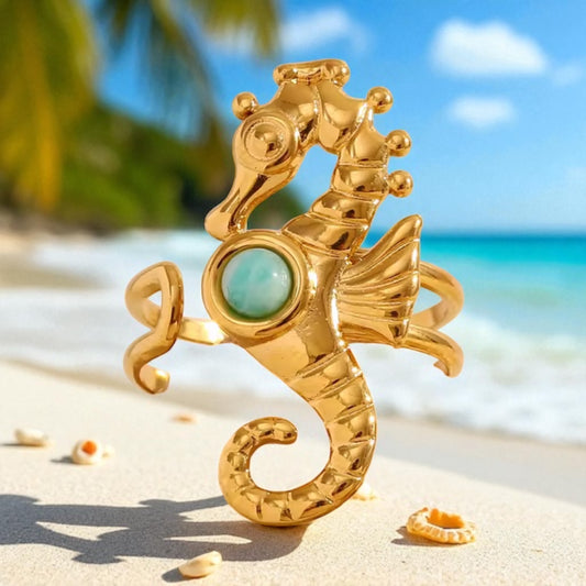 Seahorse Amazonite Stone Ring 18k Gold Plated Adjustable Ring