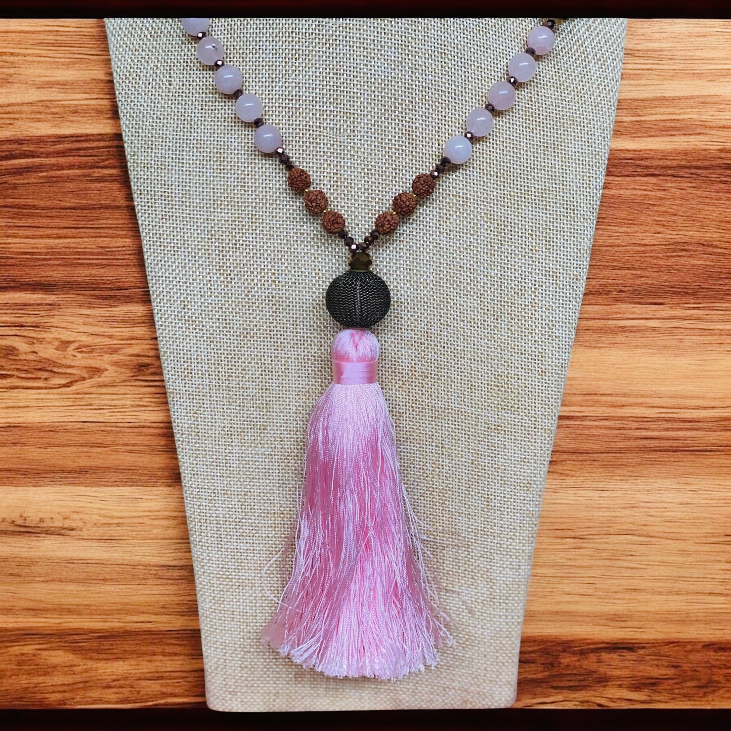 Beaded Rudraksha Necklace With Light Pink Tassel