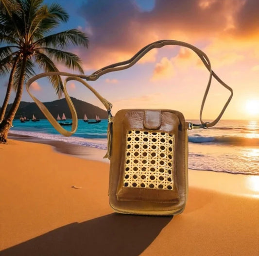 Rattan Mesh Rustic Phone Wallet Bag Leather