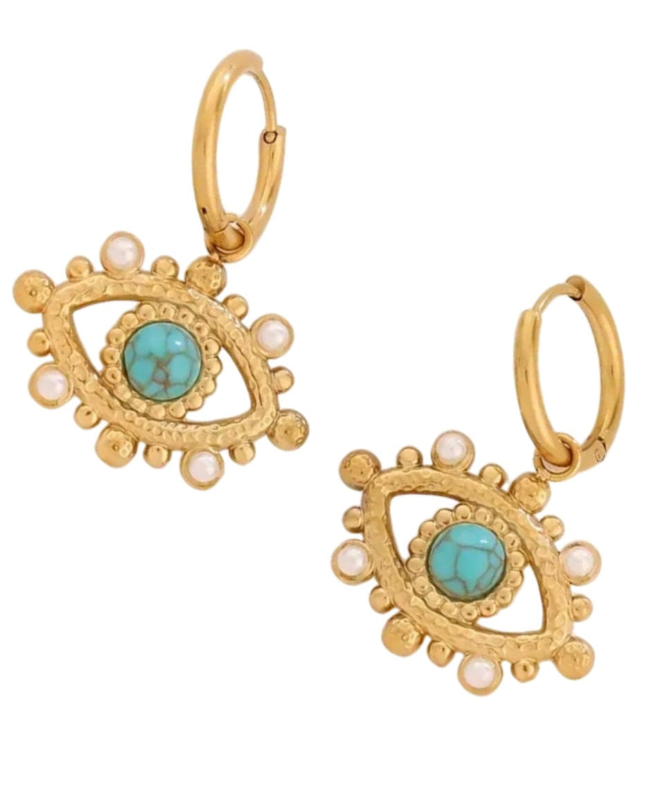 Evil Eye Turquoise Stone Earrings 18k Gold Plated