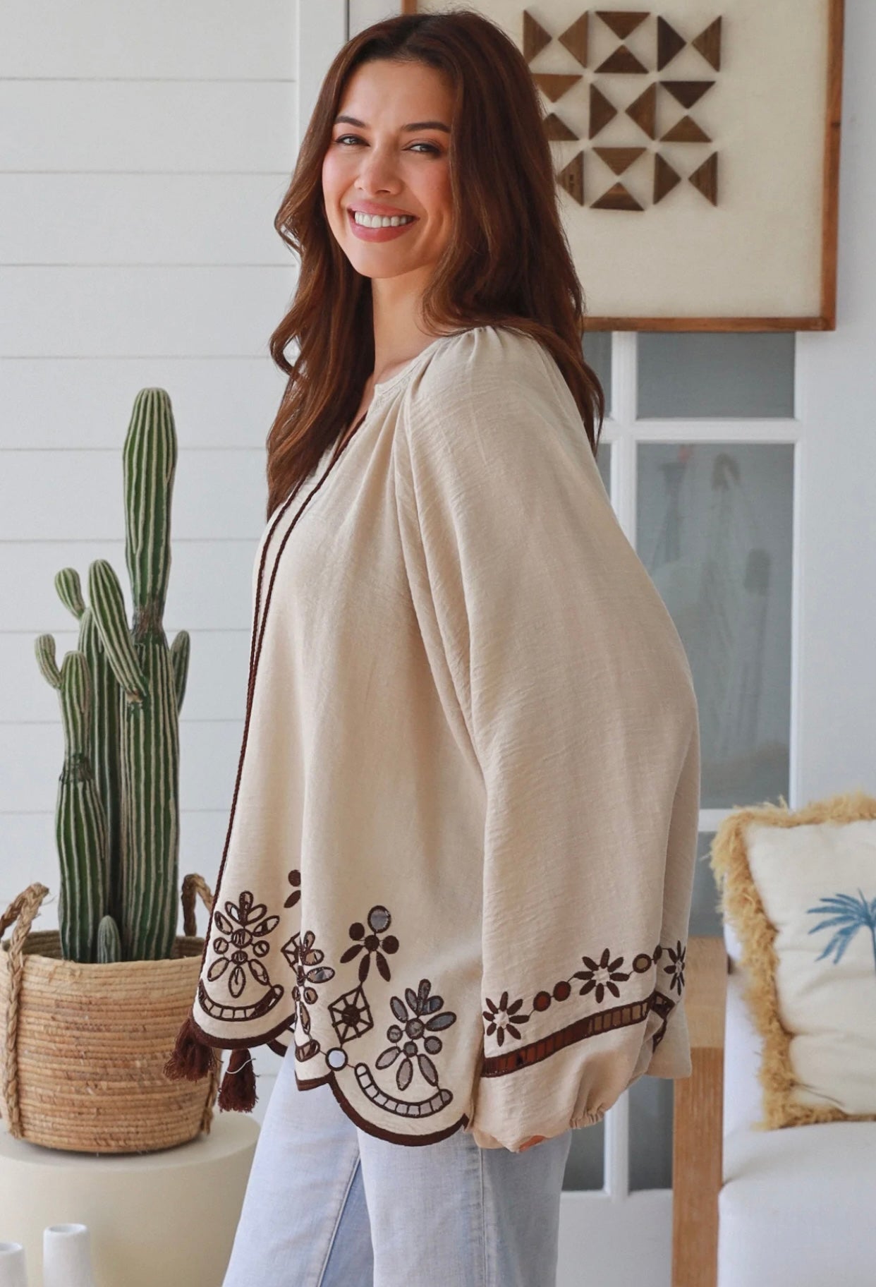 Coffee Taupe Embroidered Long Sleeve Top