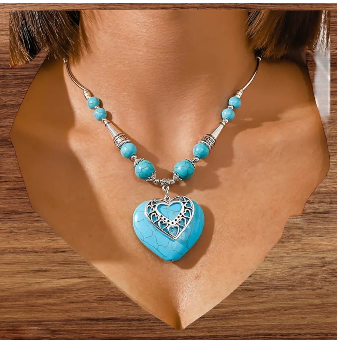 Bohemian Large Heart Pendant Necklace with Turquoise stones