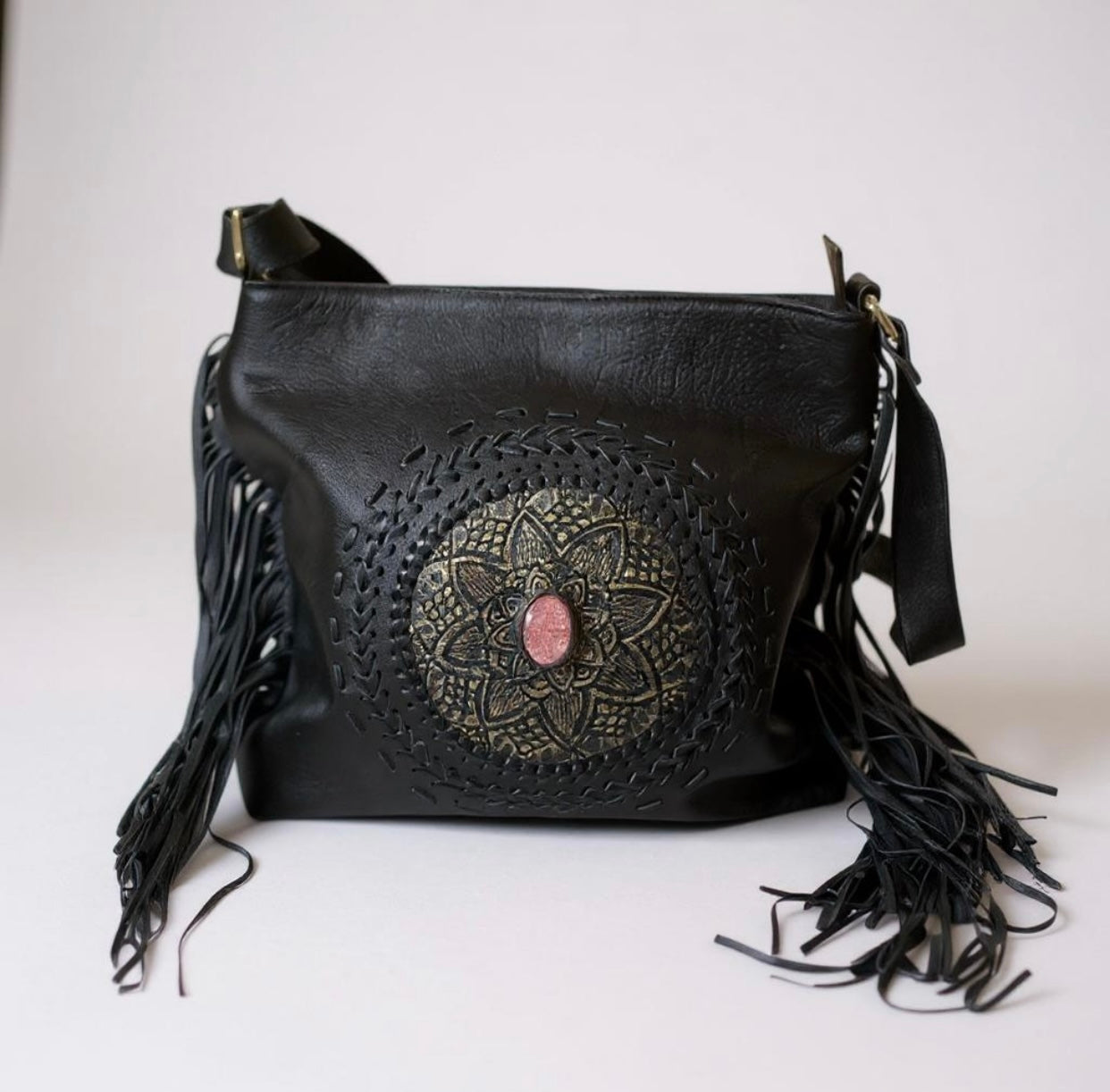 Bohemian Tassel's Black Leather Mandala Bag