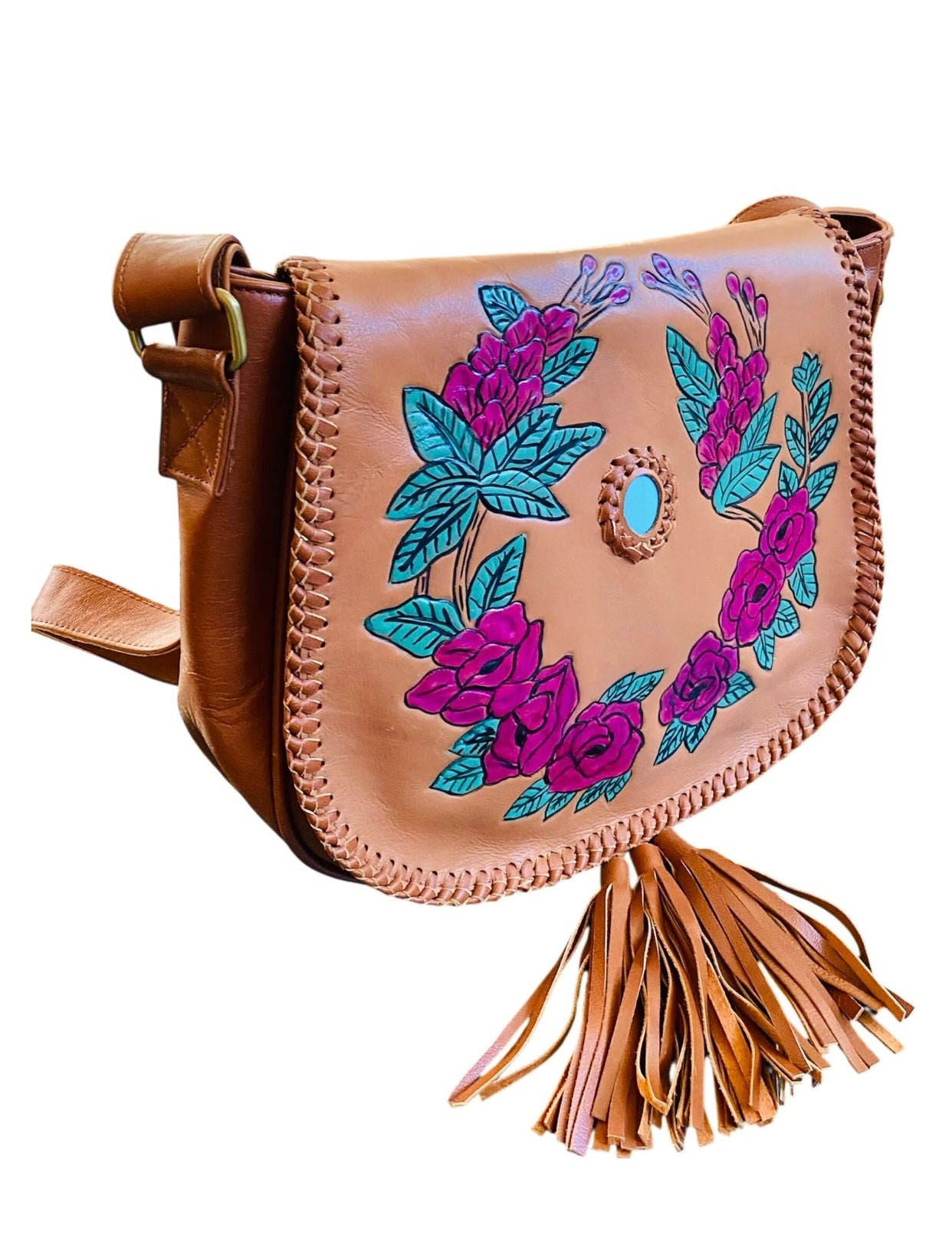 Rosalie Tan Brown Floral Leather Bag