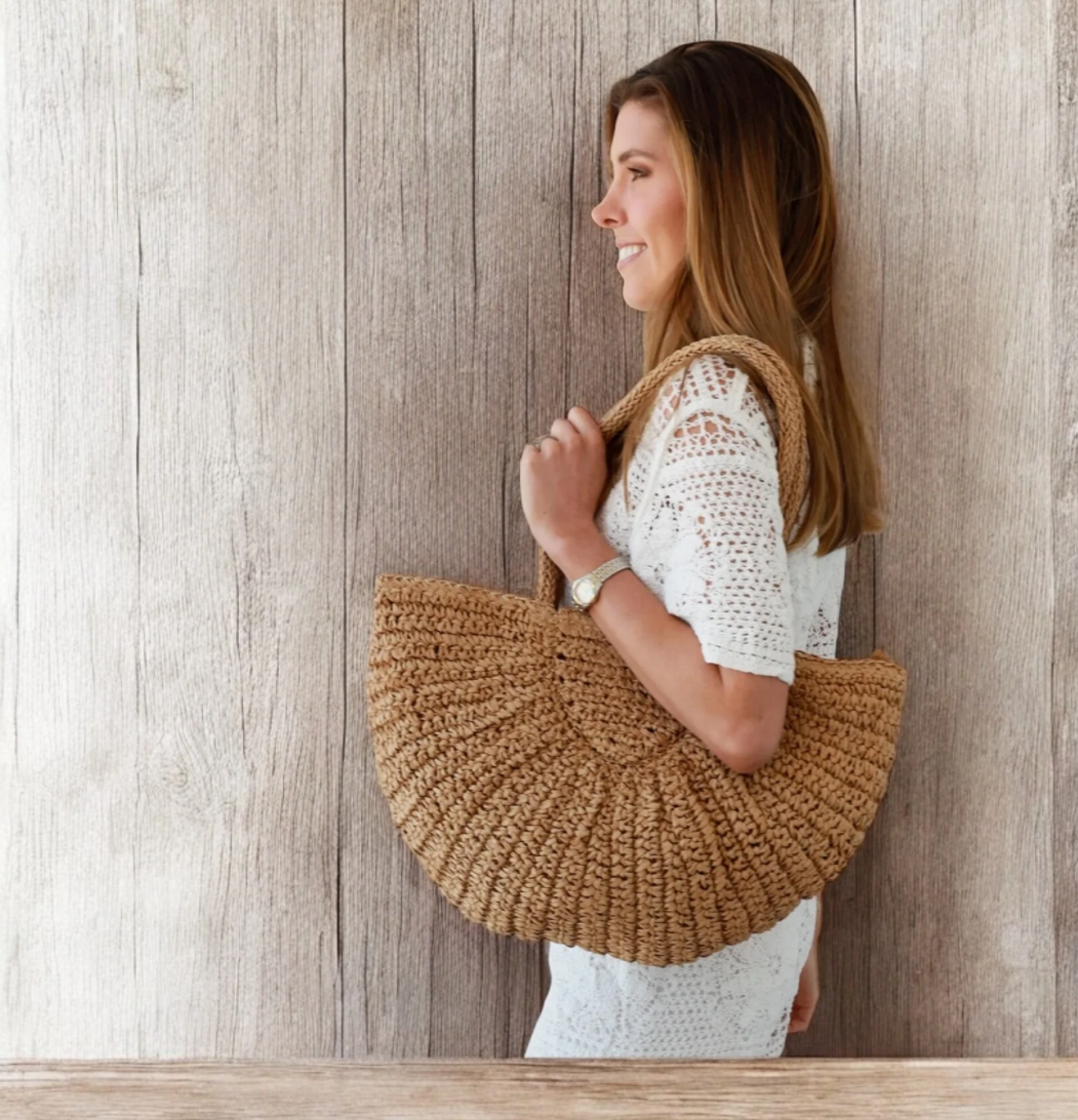 Straw Tote 1/2 Moon Shoulder Bag Travel, Beach, Shopping