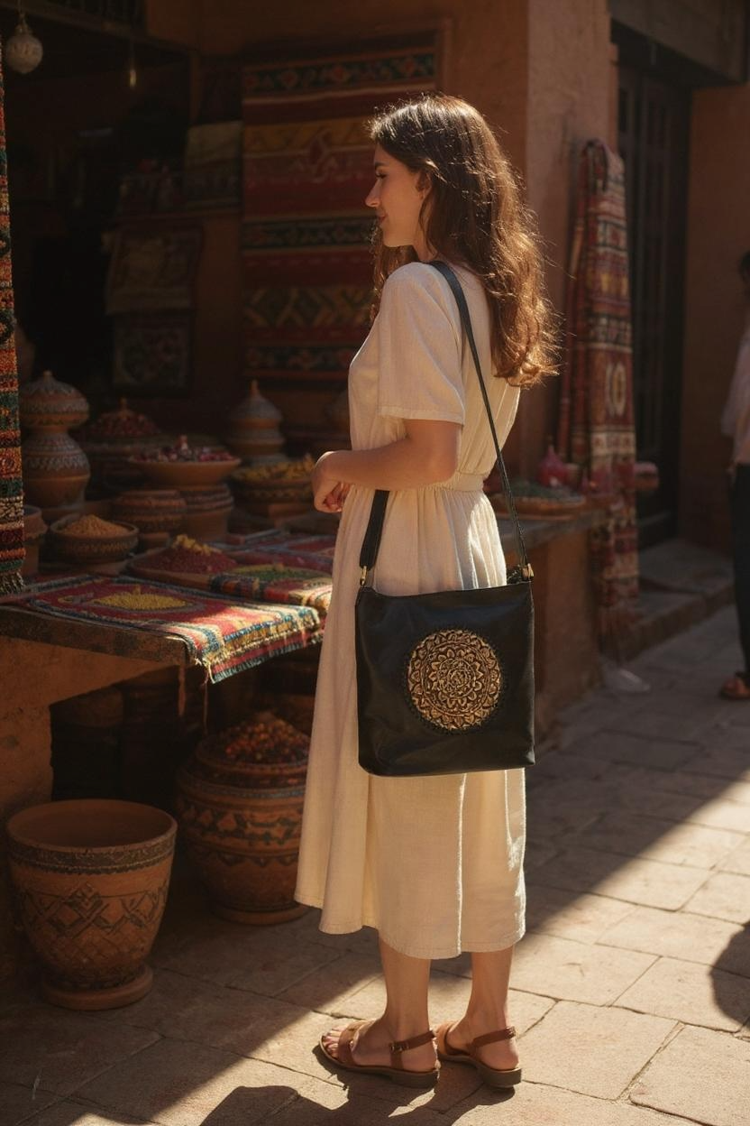 Bohemian Mandala Weaved Black
Leather Bag