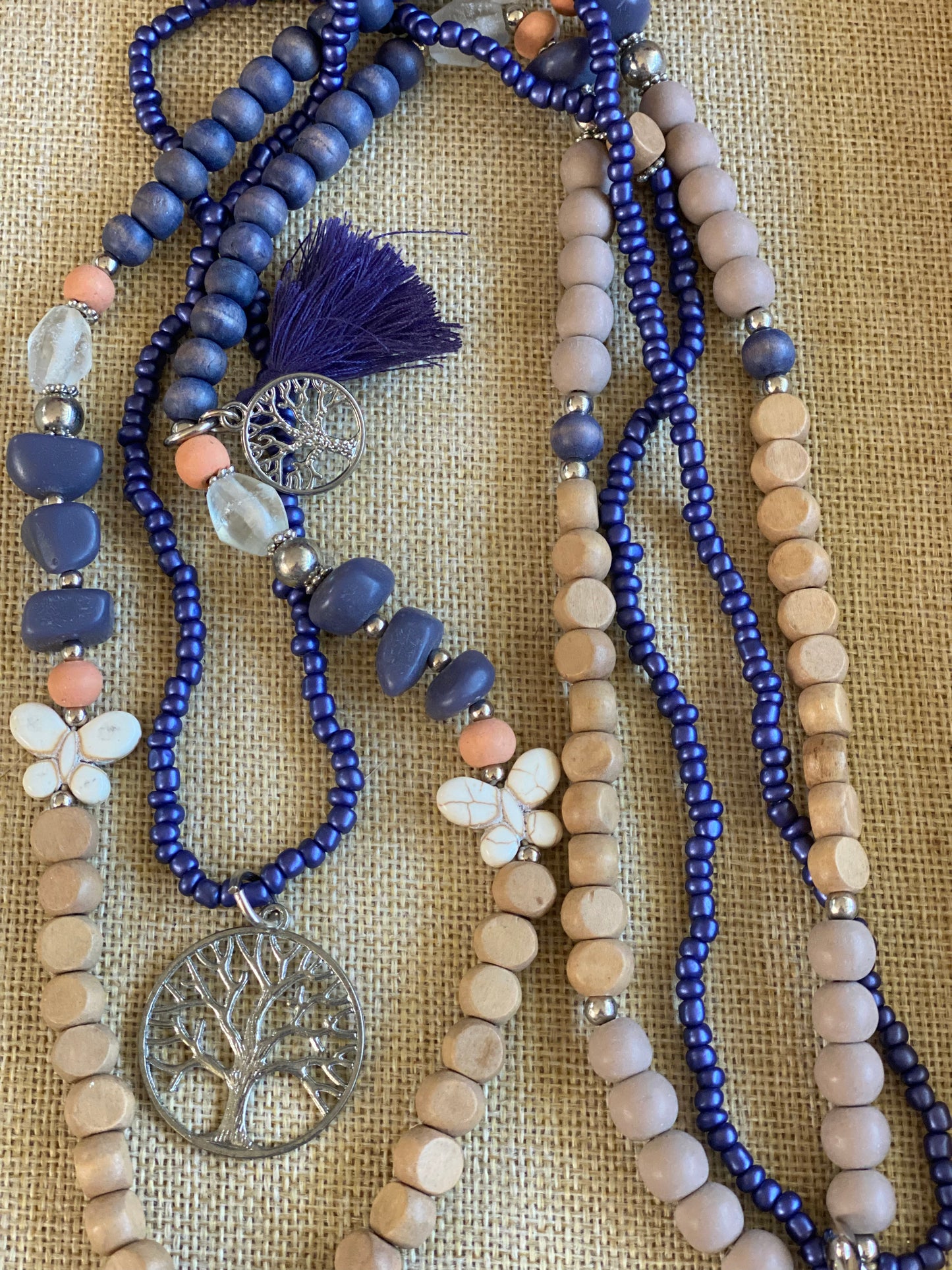 Wood Beads-Heart-Charms Garland Necklace Blue
