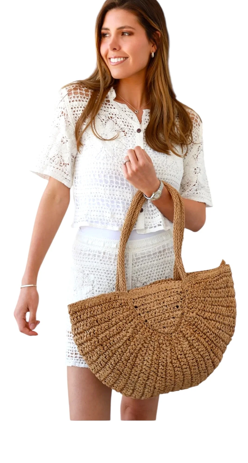 Straw Tote 1/2 Moon Shoulder Bag Travel, Beach, Shopping