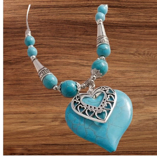 Bohemian Large Heart Pendant Necklace with Turquoise stones