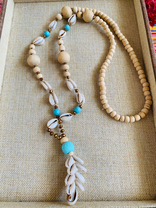 Natural Beaded Cowrie Shell Garland Necklace Turquoise