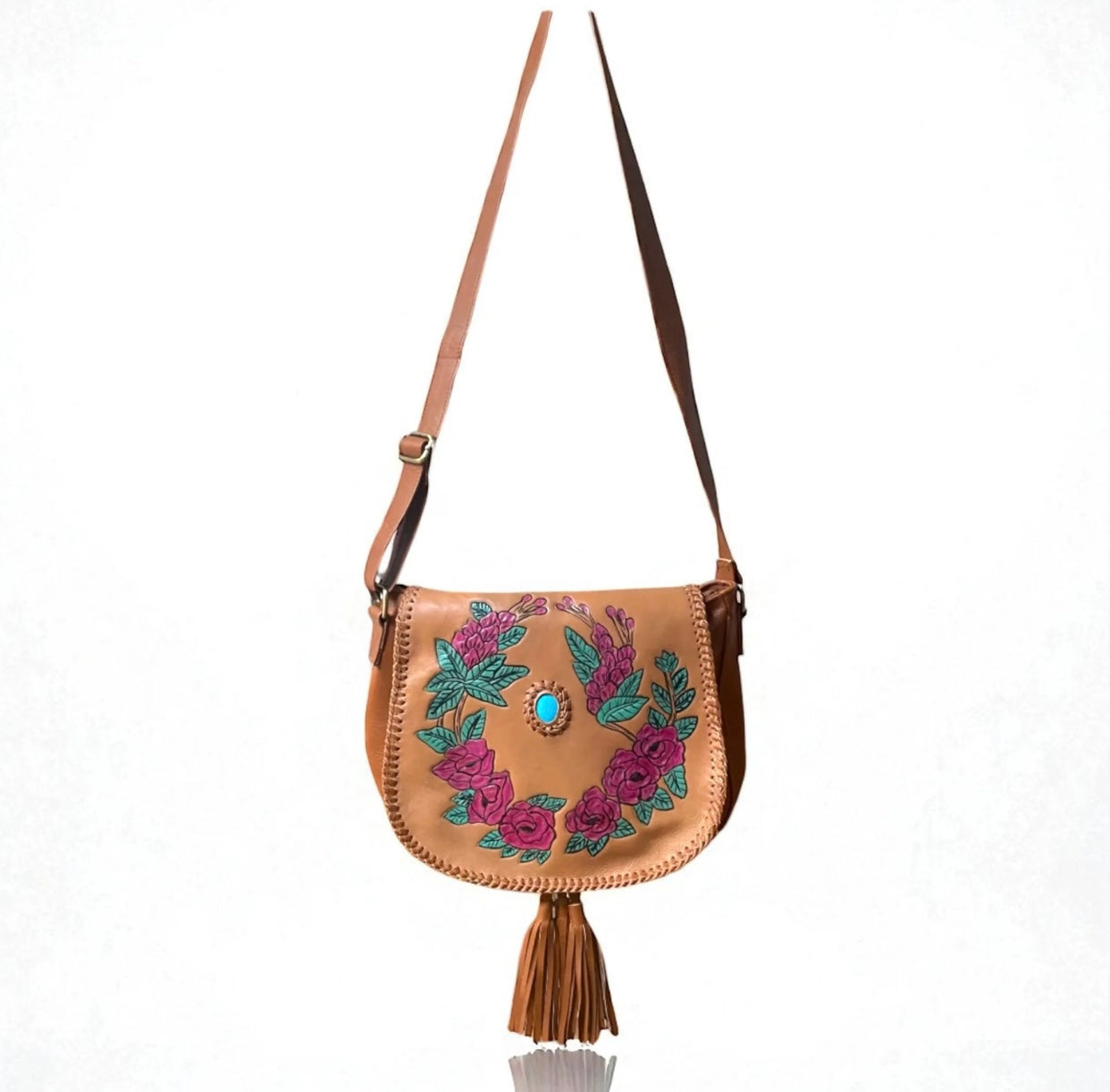 Rosalie Tan Brown Floral Leather Bag