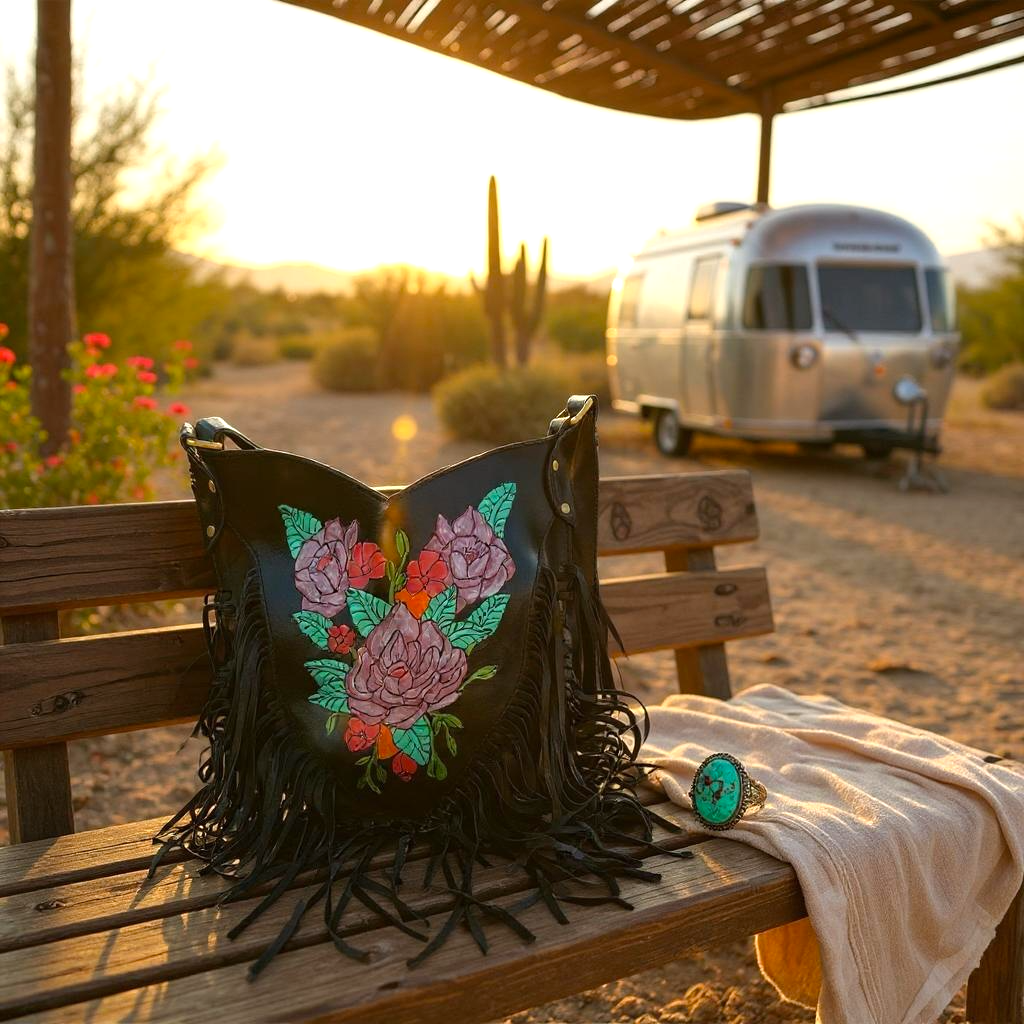 Bohemian Wanderer Painted Flowers Black Leather Bag