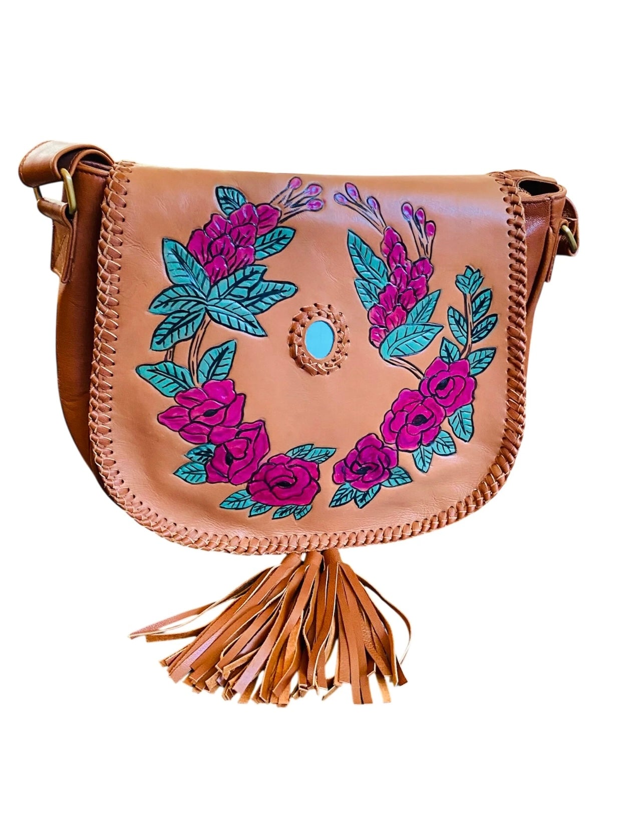 Rosalie Tan Brown Floral Leather Bag