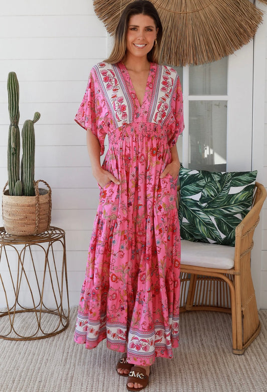 Kellina Boho Floral Pink Maxi Dress