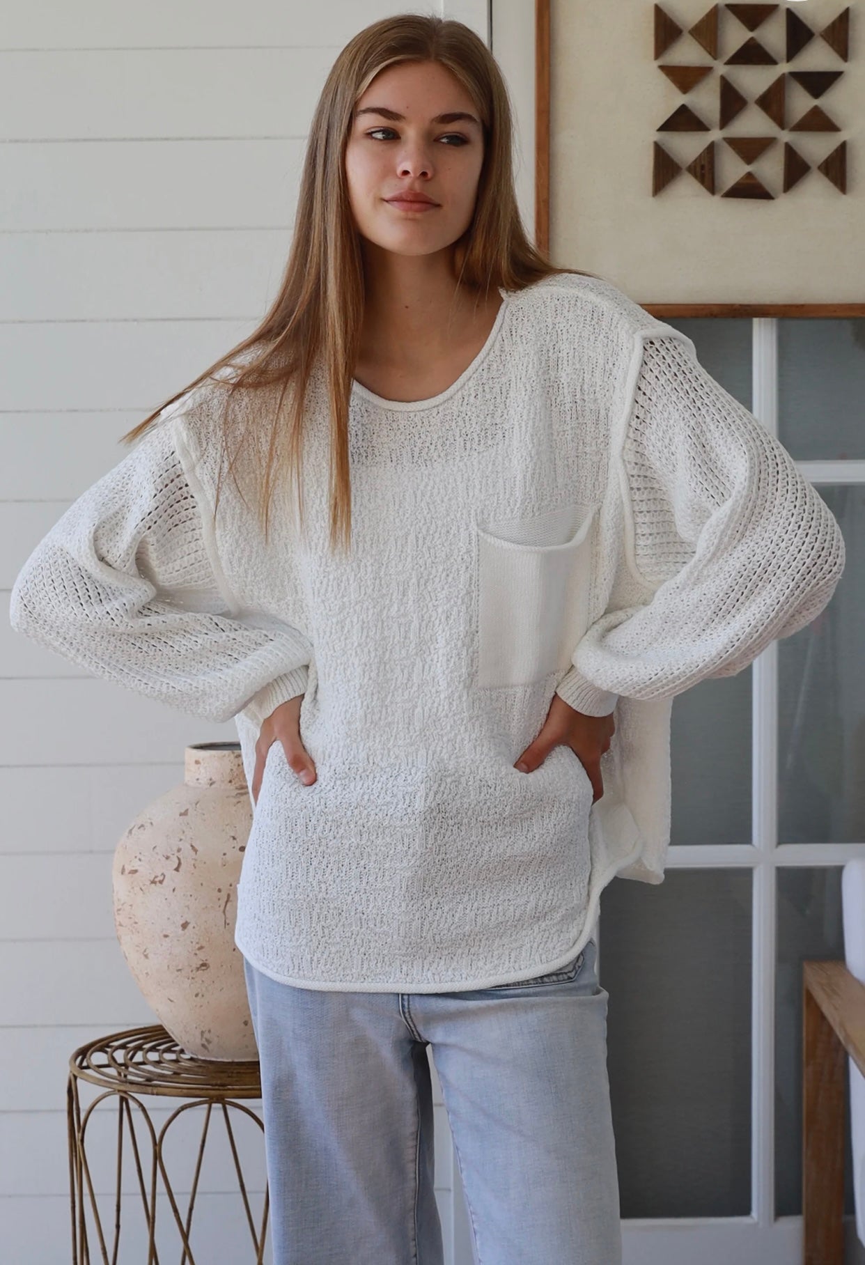 Bella Knit Pocket Top White