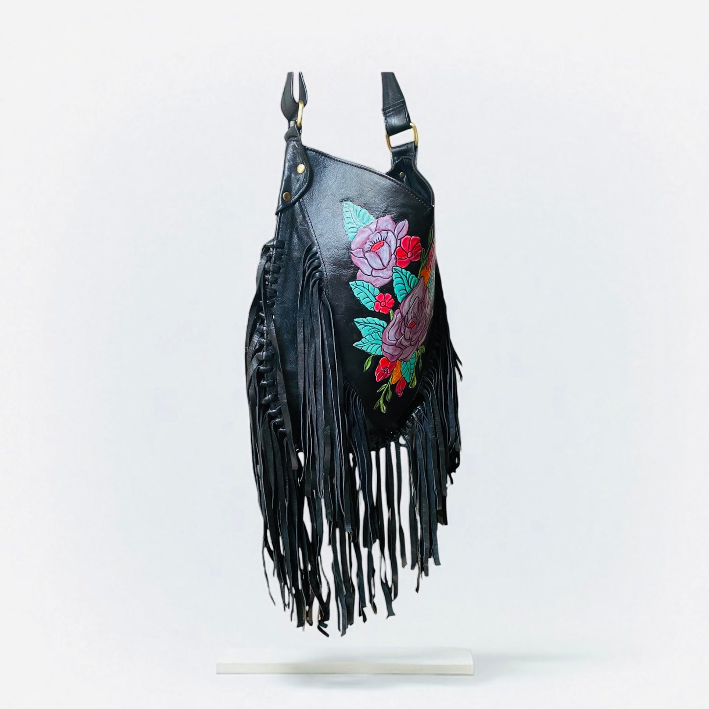 Bohemian Wanderer Painted Flowers Black Leather Bag