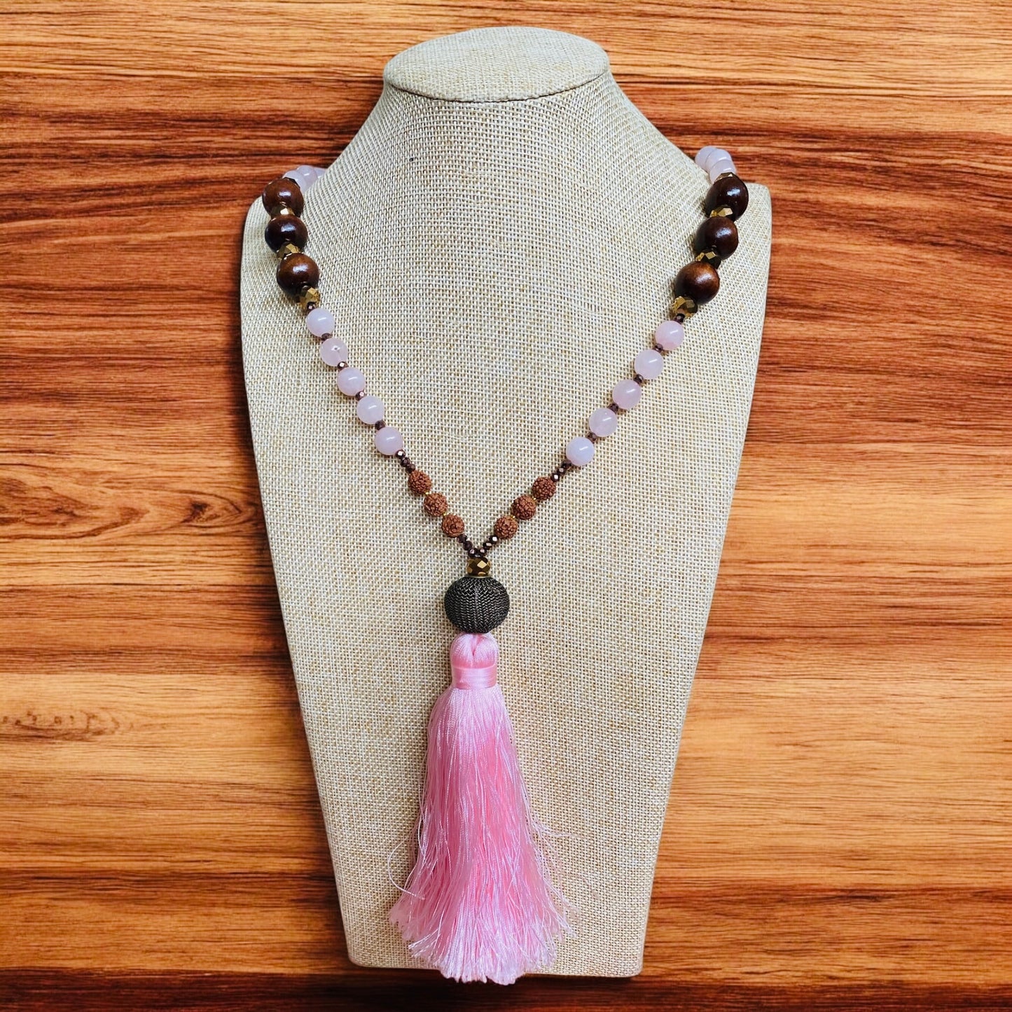 Beaded Rudraksha Necklace With Light Pink Tassel