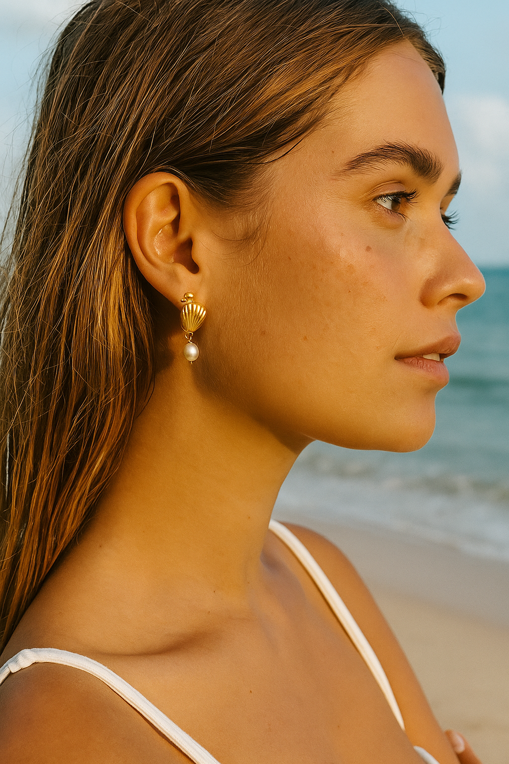 Seashell Pearl Drop Stud
Earrings 18k Gold Plated