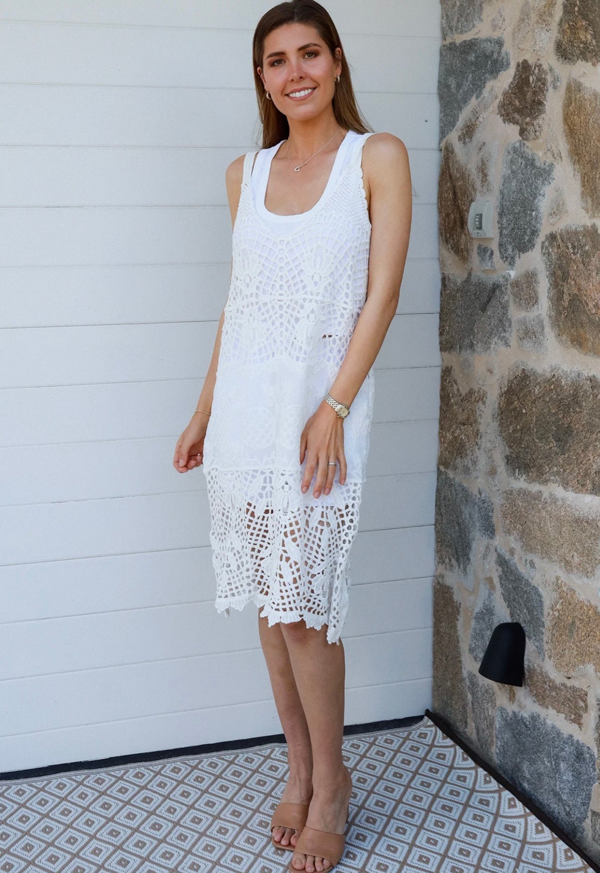 Lace Overlay Dress White Sleeveless