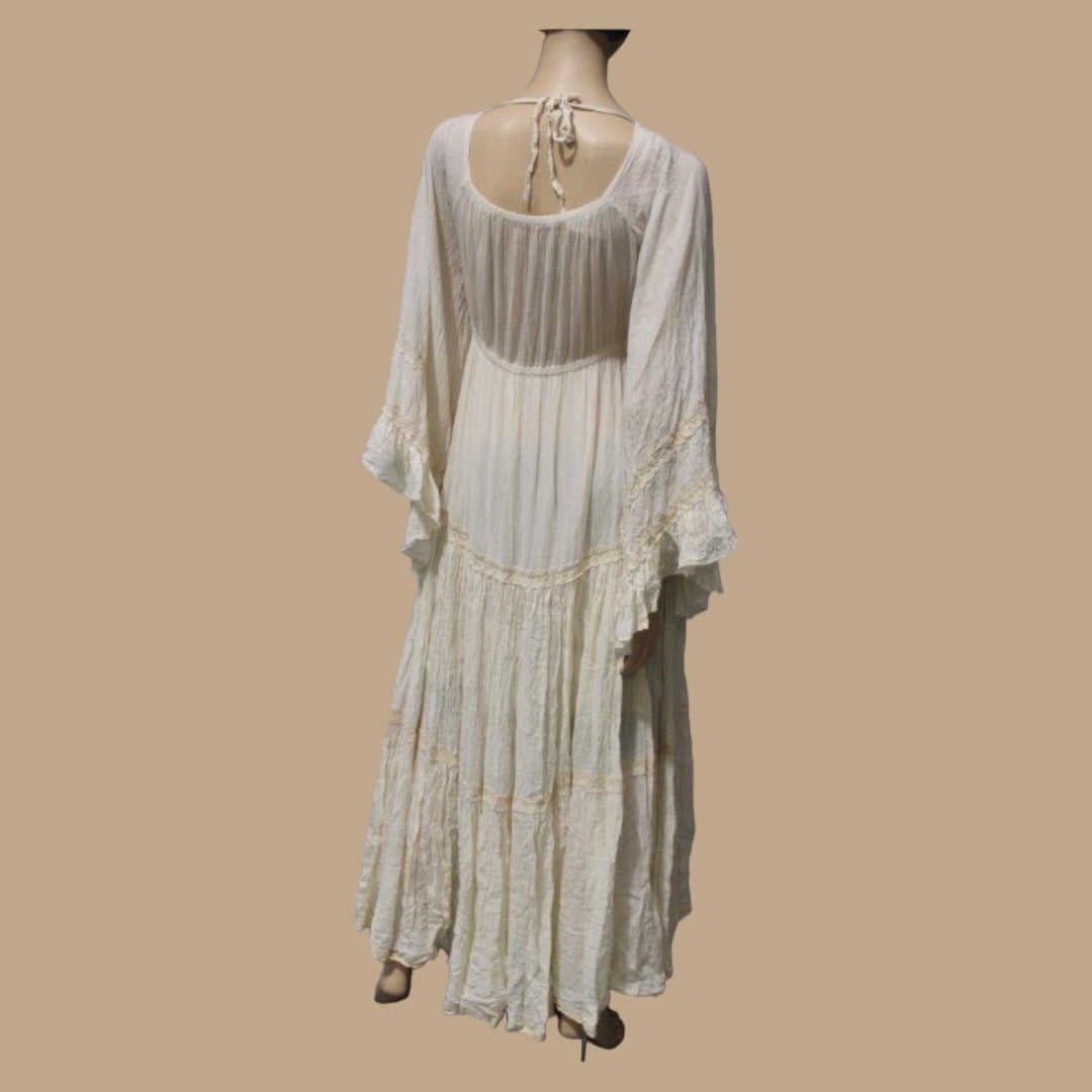 Exclusive!! Angel Sleeves Maxi Dress Cotton-Trim-LaceUp Dress Calico