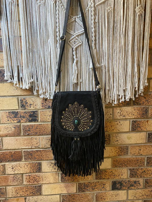Peacock Studded Genuine Leather Black Bag