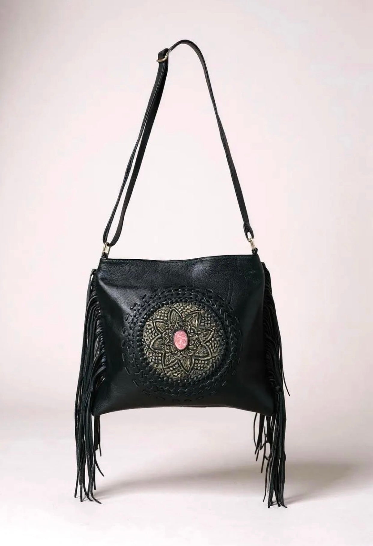 Bohemian Tassel's Black Leather Mandala Bag